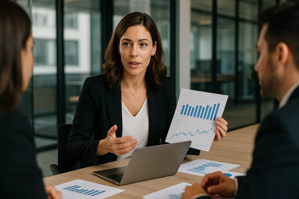 Administradora de Negocios Corporativos trabajando en oficina