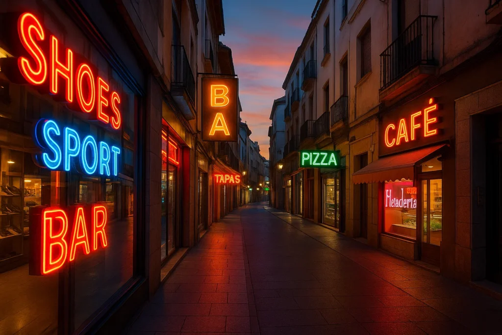 Carteles luminosos para negocios en Córdoba iluminando una avenida comercial