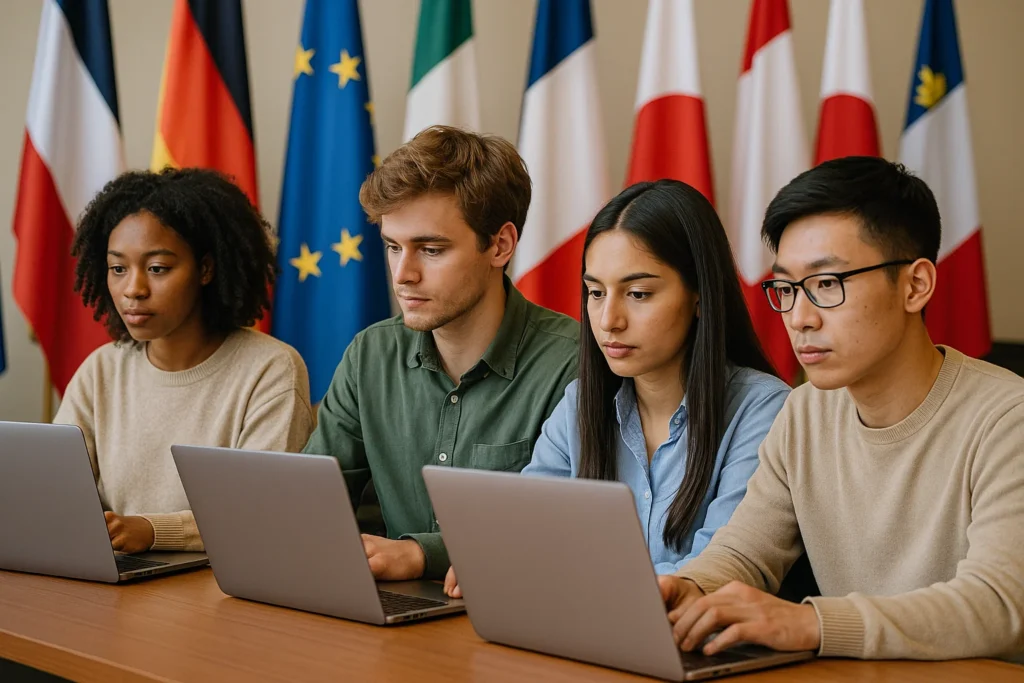 Jóvenes estudiando la diferencia de relaciones internacionales y negocios internacionales