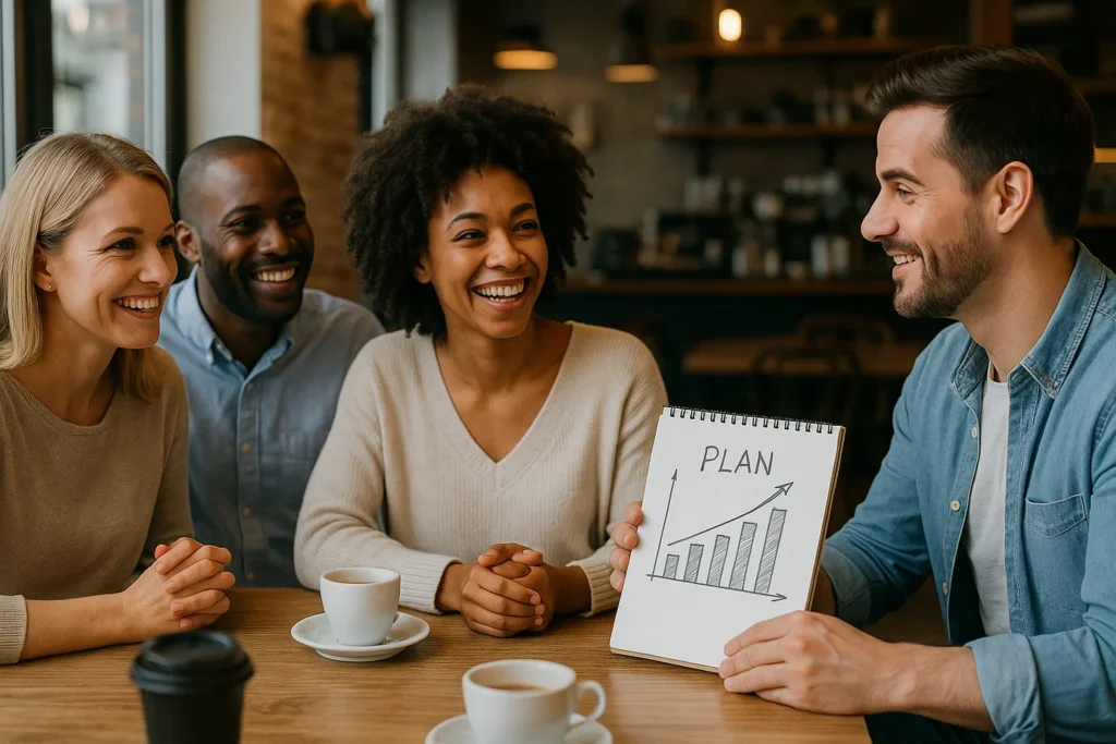 Personas compartiendo frases efectivas para invitar a un negocio multinivel