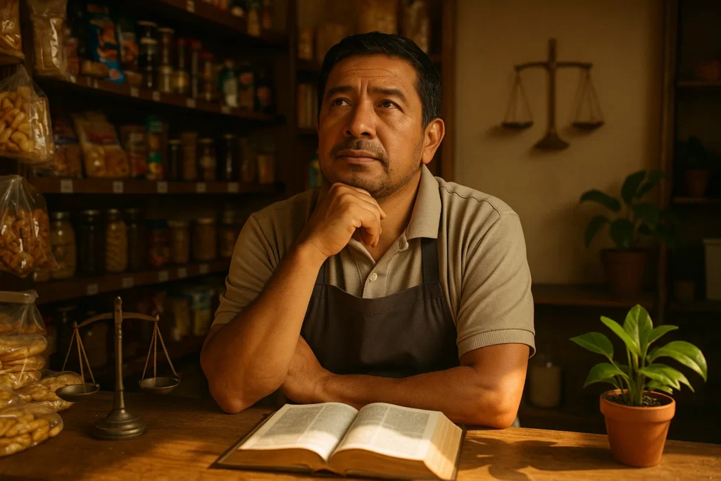 Hombre reflexionando sobre los 10 mandamientos para prosperar en los negocios