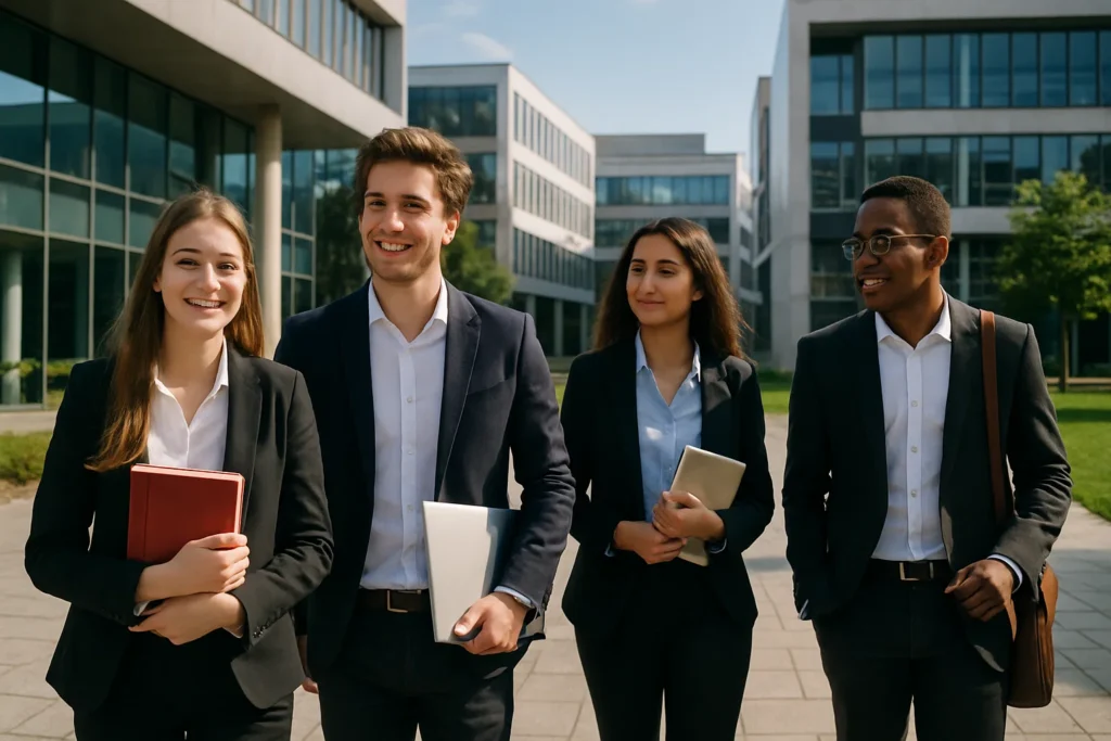 Estudiantes en la Universidad De Negocios ISEC aprendiendo sobre negocios