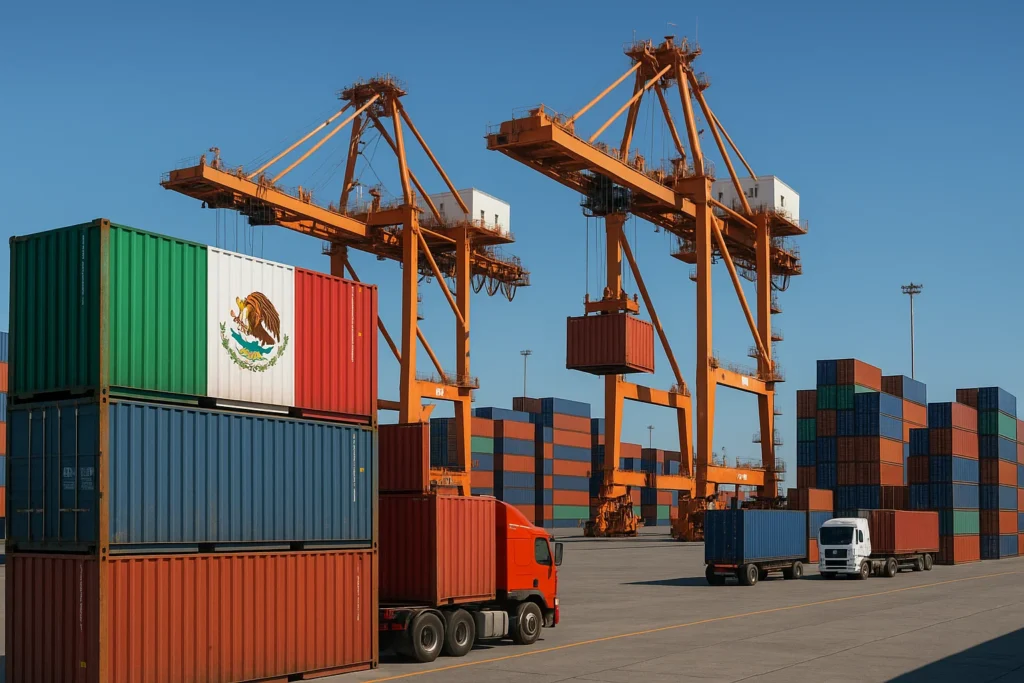Contenedores y grúas en puerto mostrando la ley de impuestos generales de importación y exportación