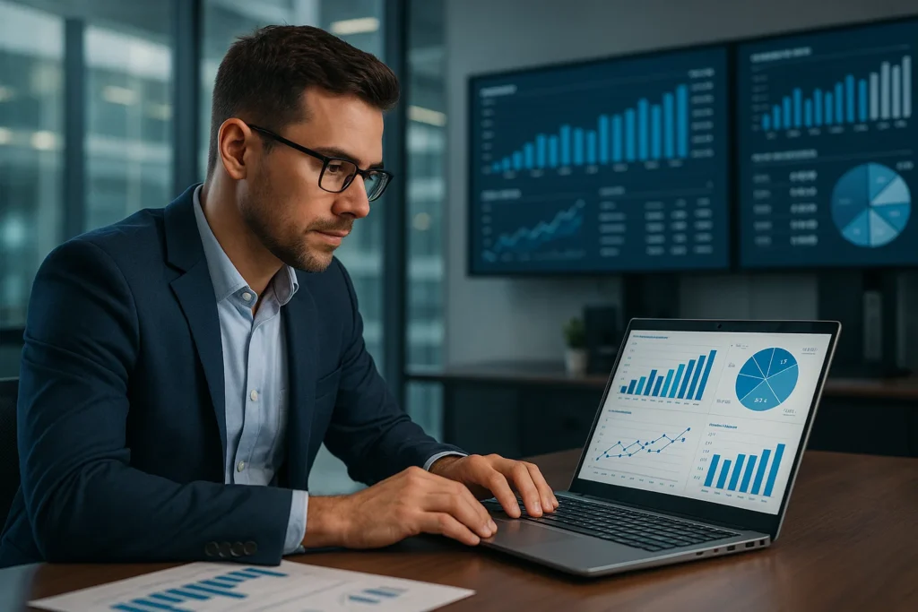 Un experto en Business Analytics analizando datos en la oficina