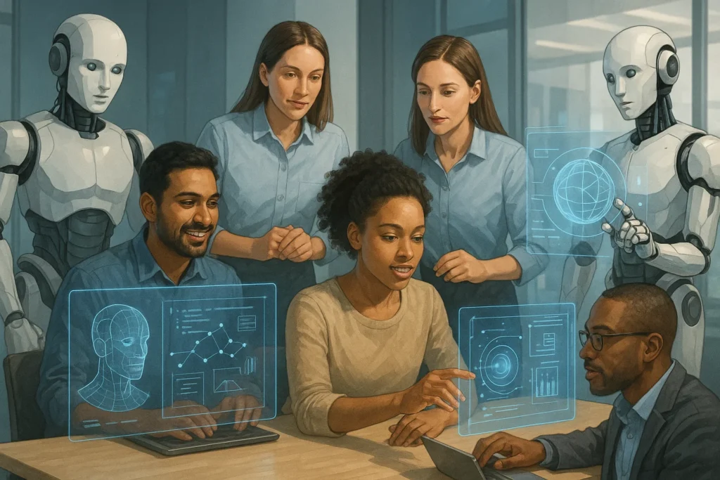 Personas usando tecnologías disruptivas en un entorno laboral moderno