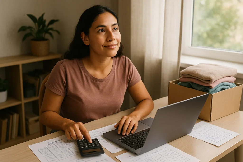 Emprendedora latina planificando su negocio de ropa desde casa