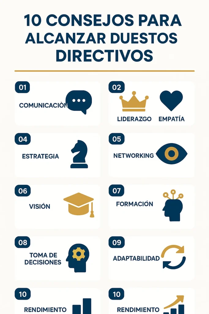 10 consejos para alcanzar puestos directivos y crecer profesionalmente 2 Infografía visual con los 10 consejos principales para alcanzar puestos directivos
