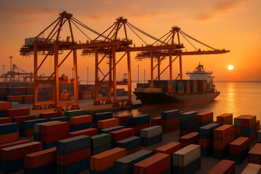 Contenedores en puerto mostrando el proceso de importar y exportar