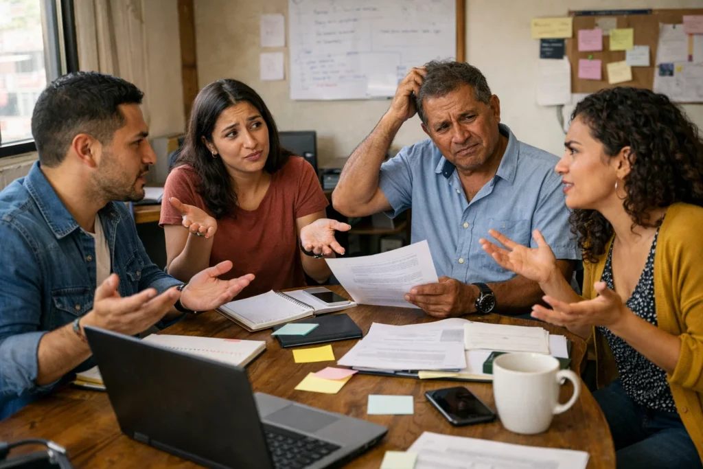 Equipo de trabajo enfrentando errores de comunicación empresarial