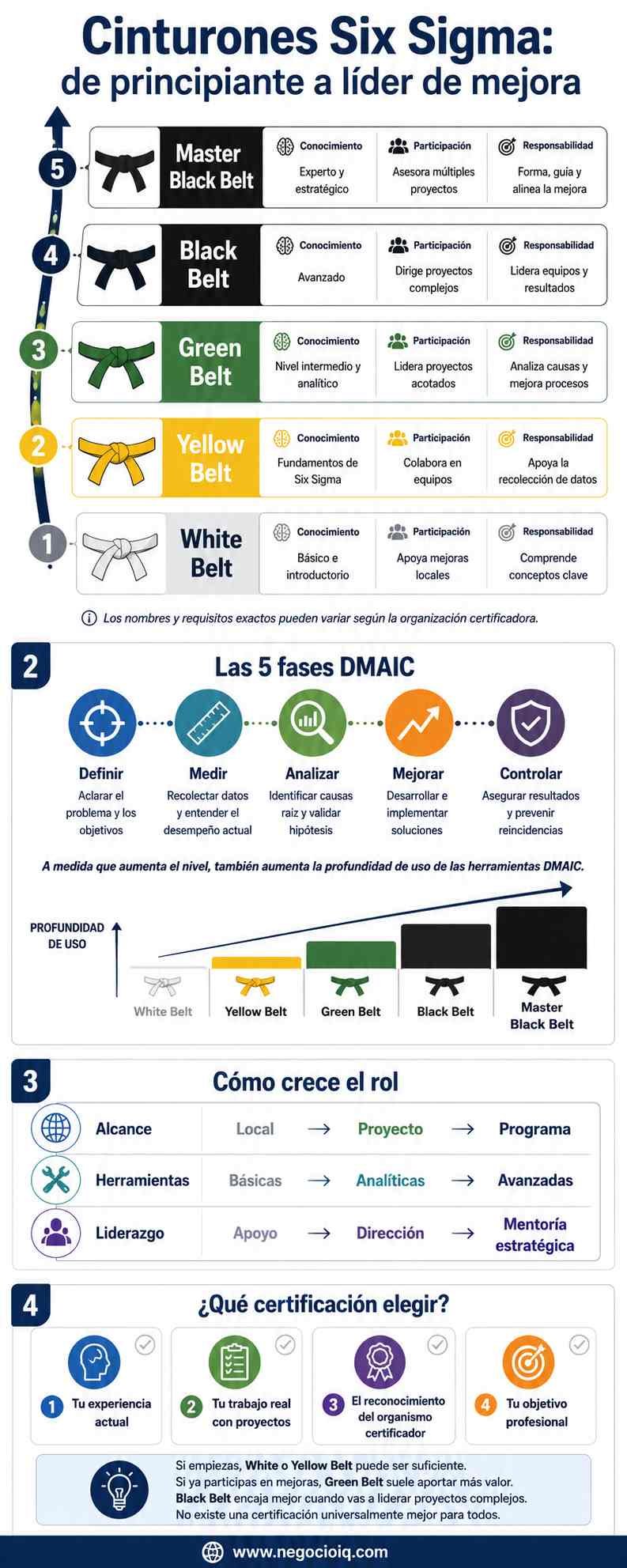Cinturones Six Sigma: niveles, funciones y certificaciones 2 Infografía de cinturones Six Sigma con niveles, funciones y las cinco fases DMAIC