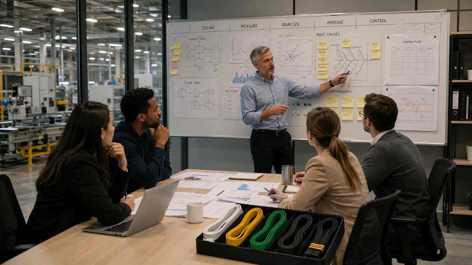Cinturones Six Sigma: niveles, funciones y certificaciones 1 Cinturones Six Sigma representados en un equipo que analiza y mejora procesos empresariales.