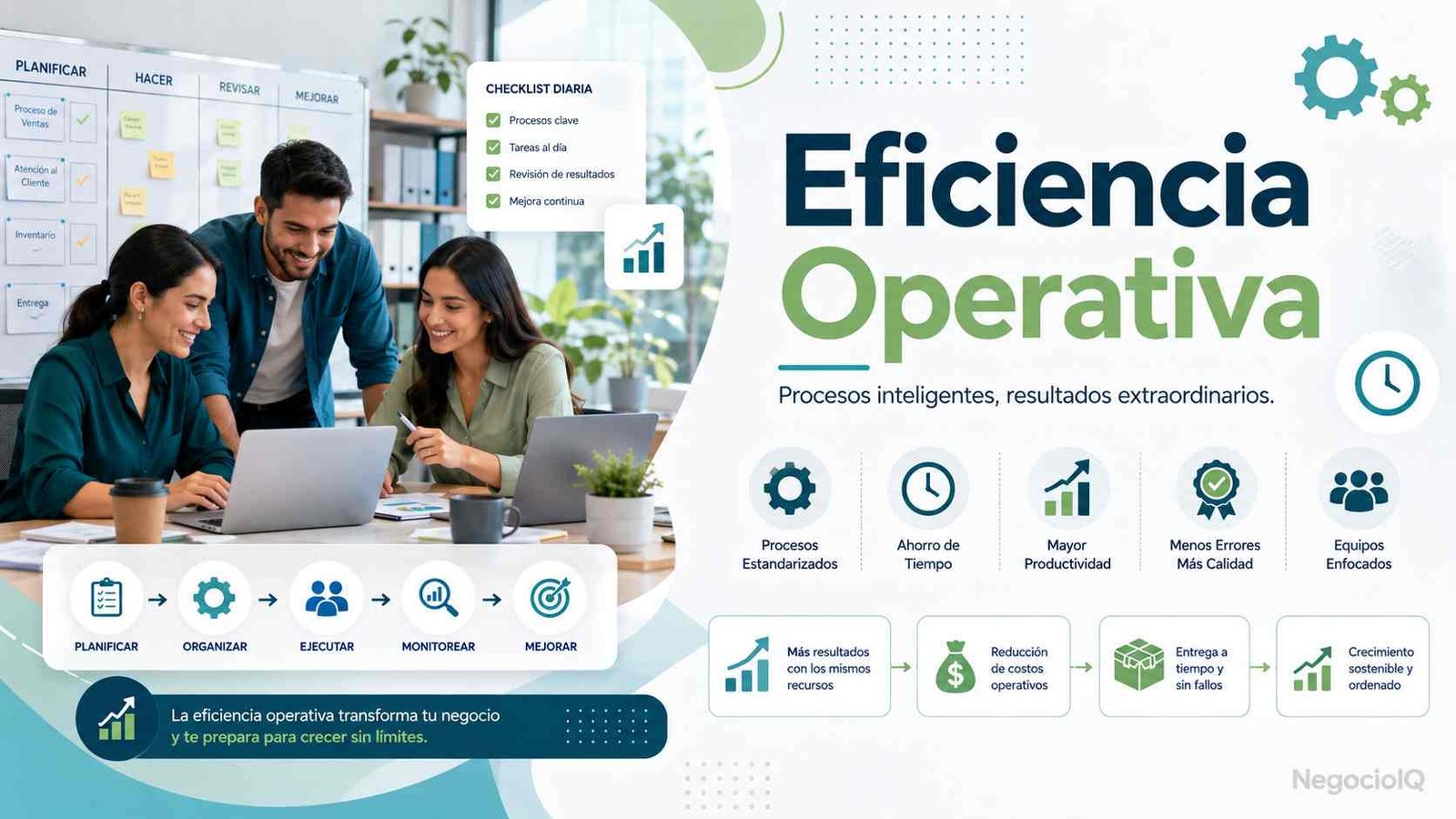 Equipo mejorando eficiencia operativa empresarial moderna
