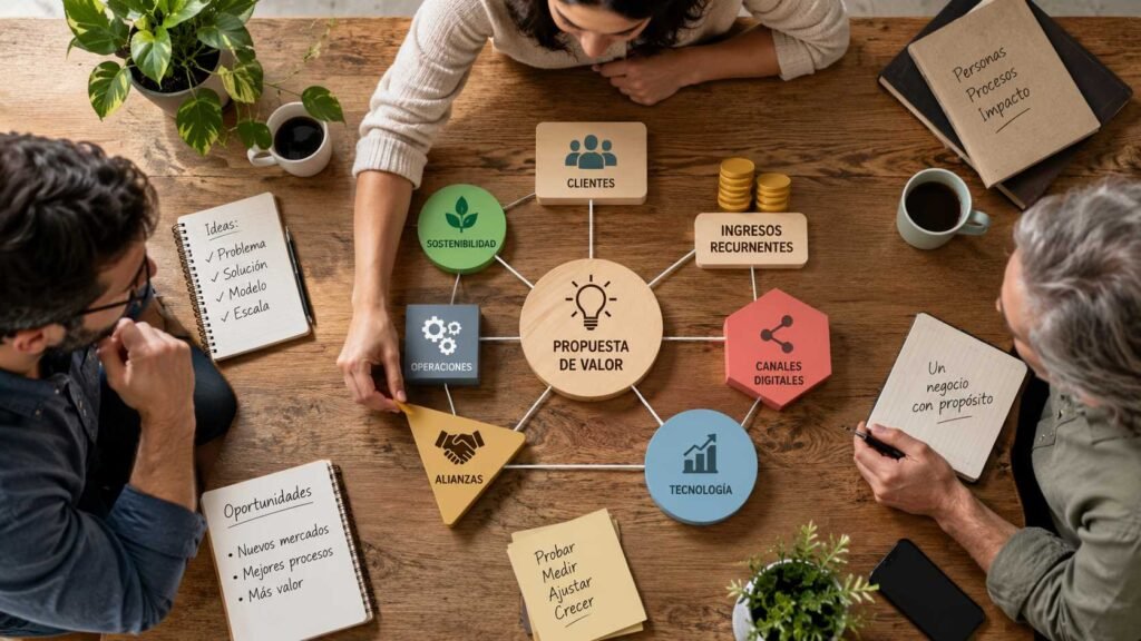 Equipo diseñando modelos de negocio innovadores mediante módulos estratégicos