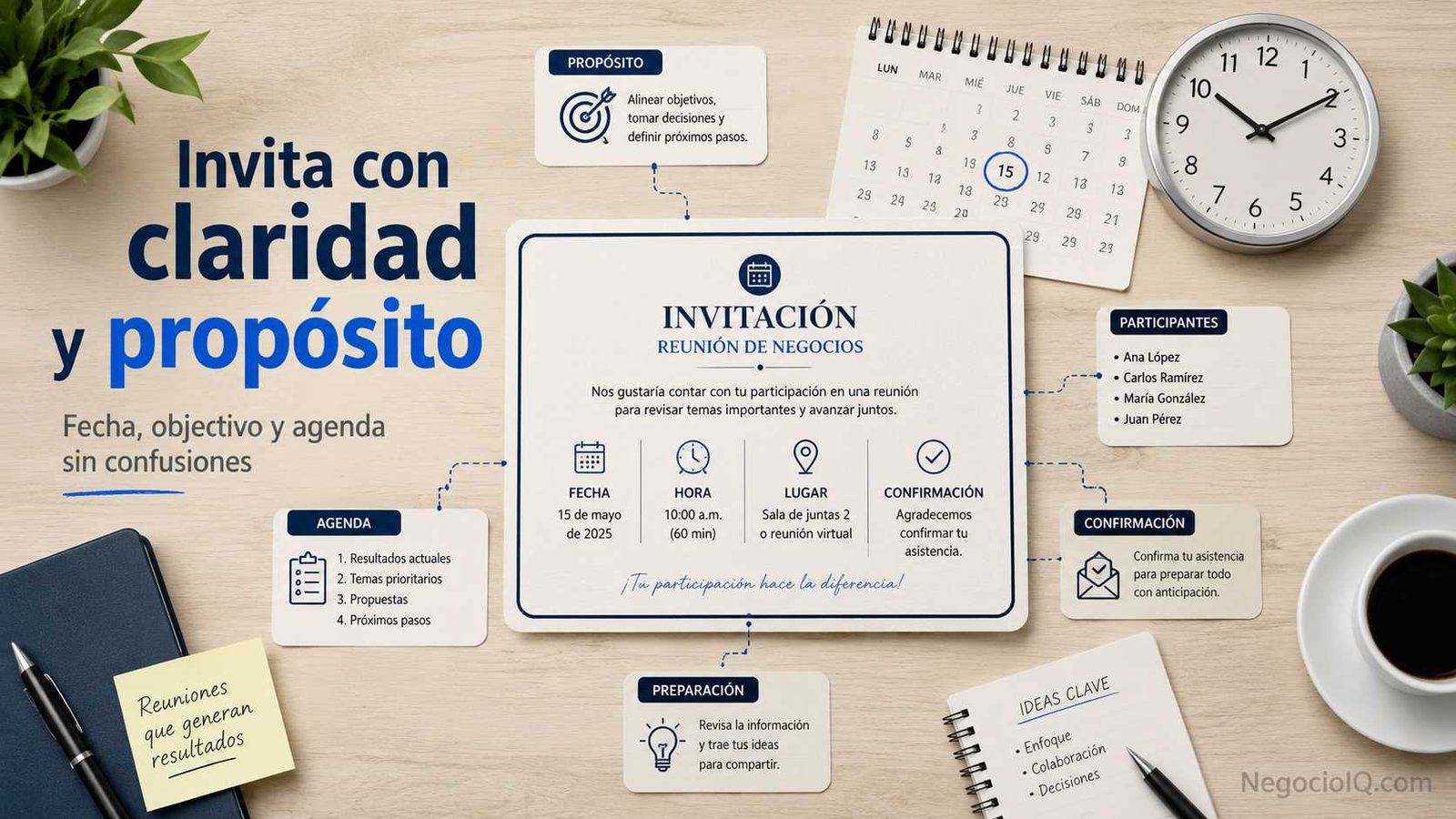 Invitación a reunión de negocios con agenda y horario definidos